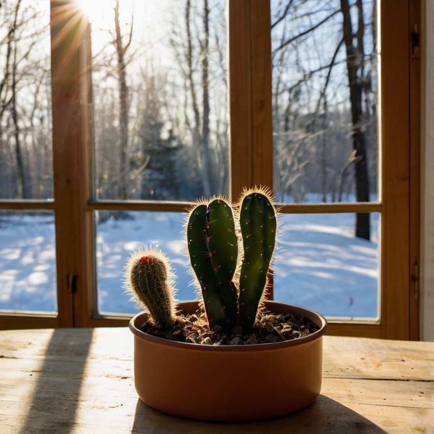 a imagem retrata um vaso com cactos tomando sol em frente a janela. 