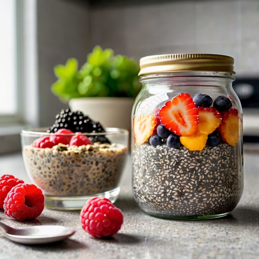 uma mesa com postes de vidro cheios de sementes de chia e frutas.