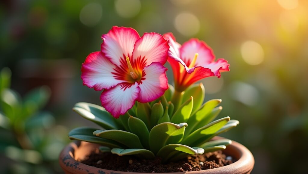 Rosa do Deserto (Adenium obesum) em plena floração, exibindo pétalas vibrantes em tons de rosa e branco, folhas verdes exuberantes e um vaso decorativo sob a luz do sol.