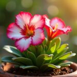 Rosa do Deserto (Adenium obesum) em plena floração, exibindo pétalas vibrantes em tons de rosa e branco, folhas verdes exuberantes e um vaso decorativo sob a luz do sol.