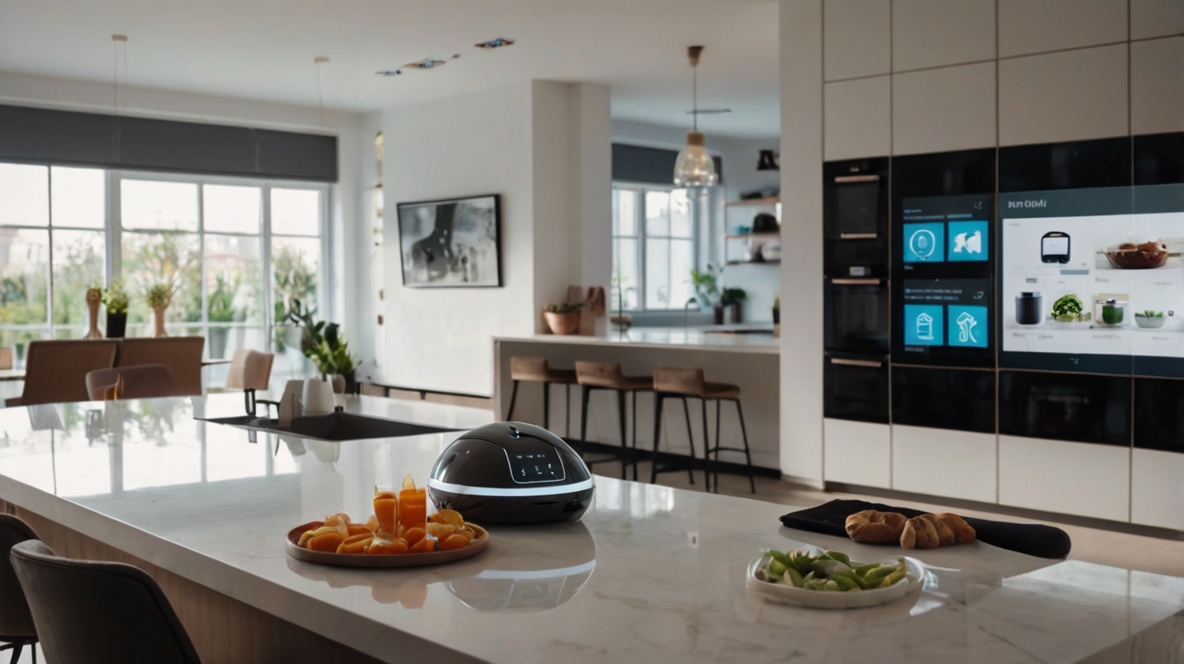 Ilustração de uma casa futurista com inteligência artificial auxiliando nas rotinas domésticas. Um robô moderno cozinha em uma cozinha sofisticada, outro robô aspira o chão, e uma tela inteligente exibe um organizador digital para ajudar na rotina da casa. O ambiente é tecnológico, organizado e eficiente.